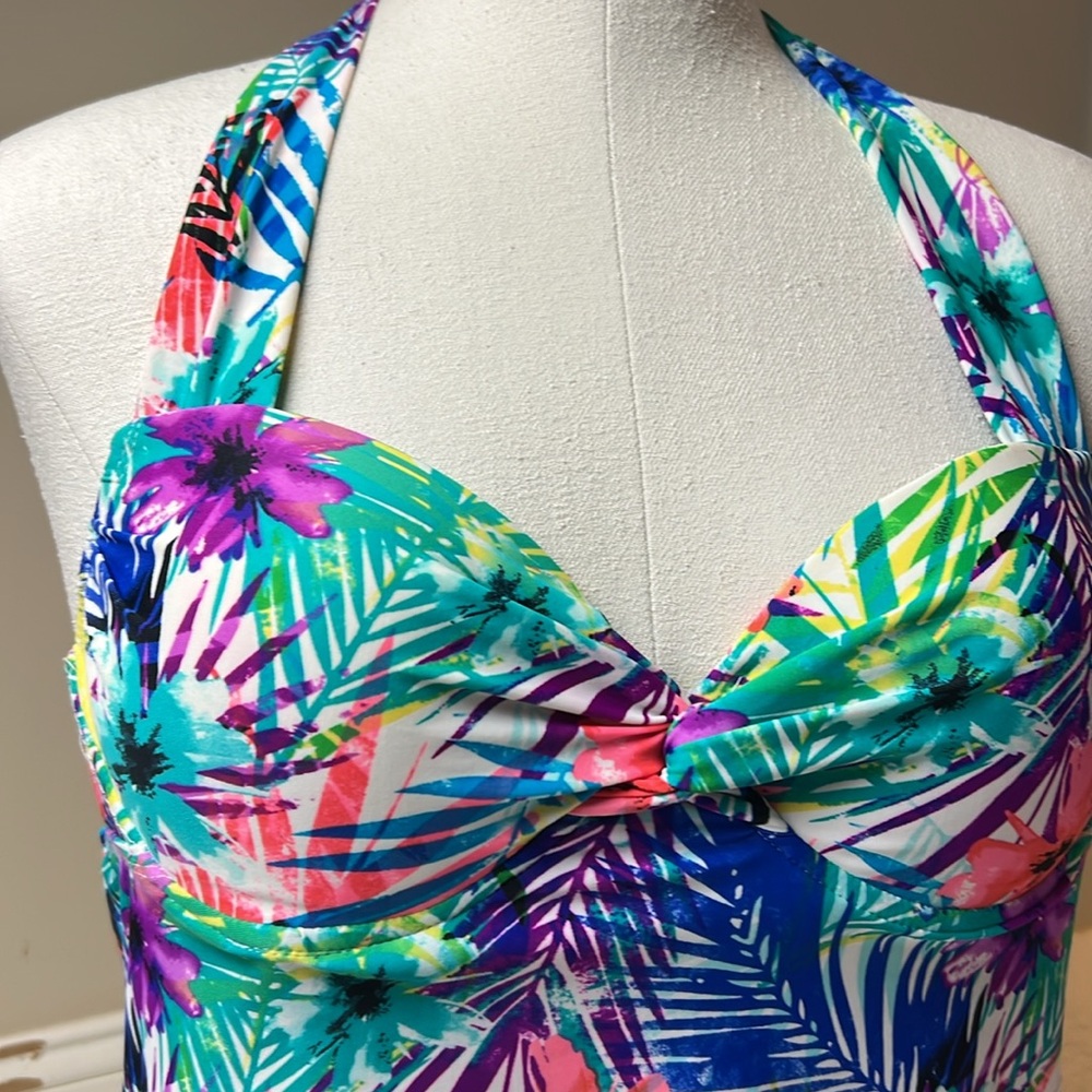 Collections by Catalina Floral Halter Tankini Swim Top Tie Neck Push-up L 12-14 - Picture 2 of 7